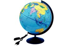Globe géographique lumineux Découpage très clairs des pays, identifiés par des couleurs vives différentes  Diamètre 30 cm