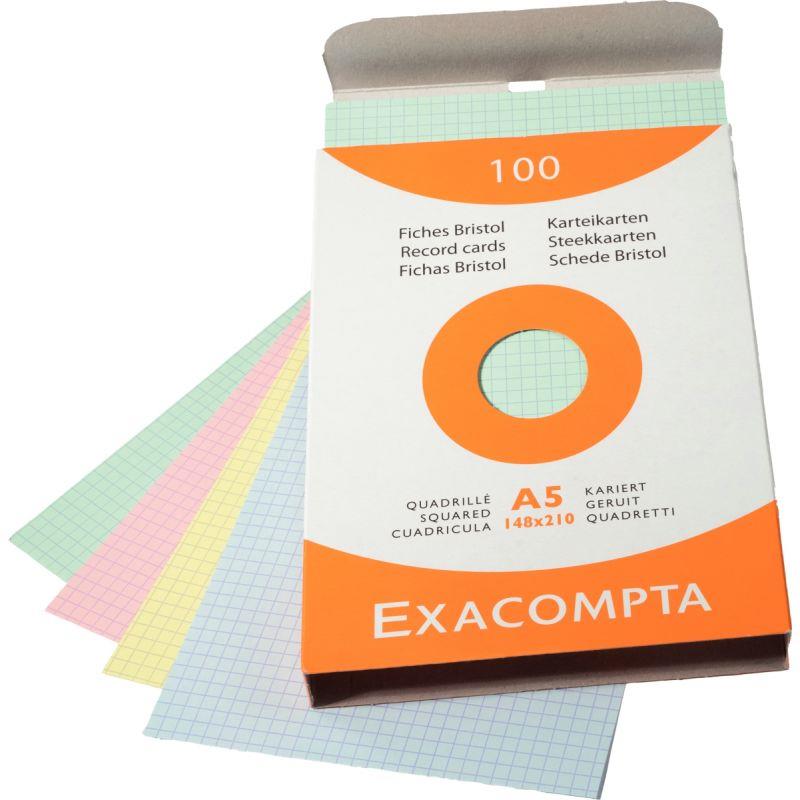 Image de  Boîte de 100 fiches bristol quadrilléss 5X5 format 14,8 x 21cm  Ass 