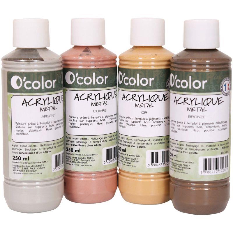 Image de  Lot de 4 flacons 250ml de peinture acrylique métal O''COLOR 