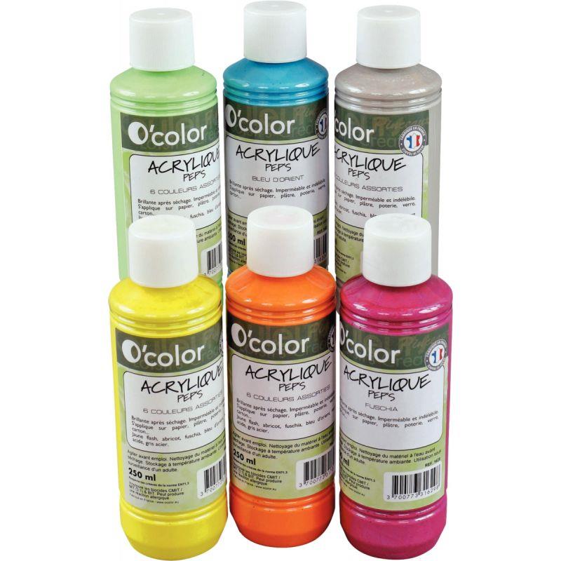 Image de  Lot de 6 flacons 250 ml de peinture acrylique O''COLOR, couleurs nacrées 