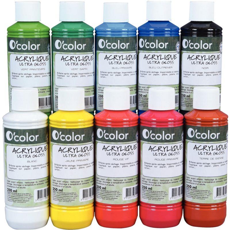 Image de  Lot de 10 flacons 250 ml de peinture acrylique O''COLOR, couleurs assorties 