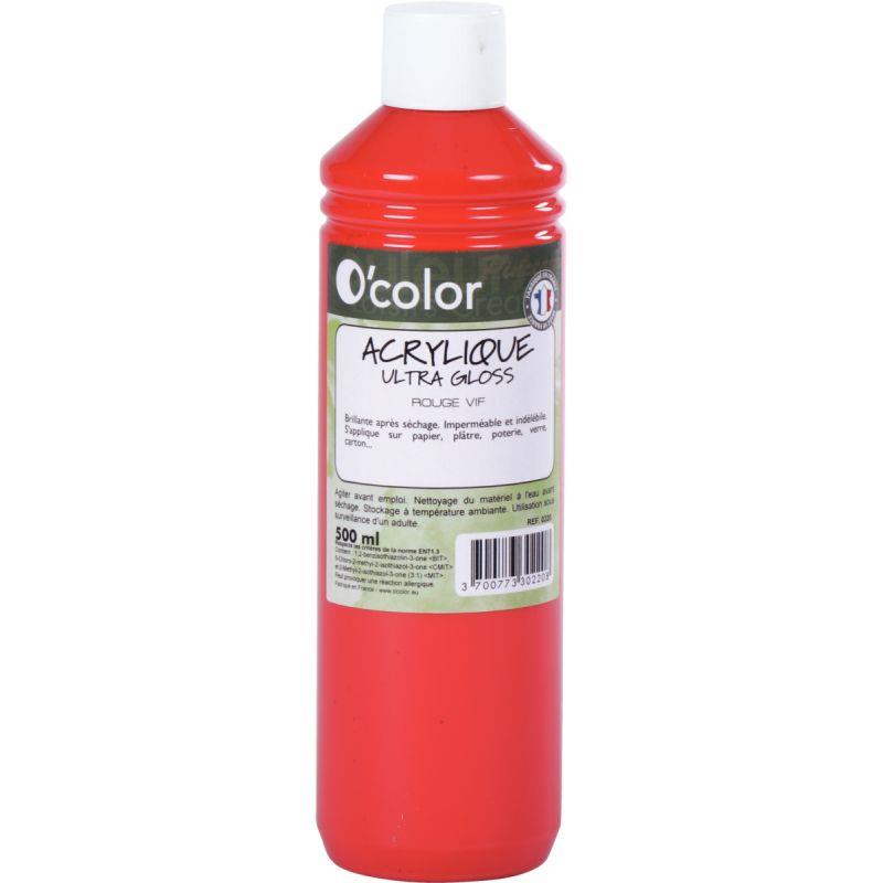 Image de  Flacon 500ml de peinture acrylique O''COLOR, rouge vif 