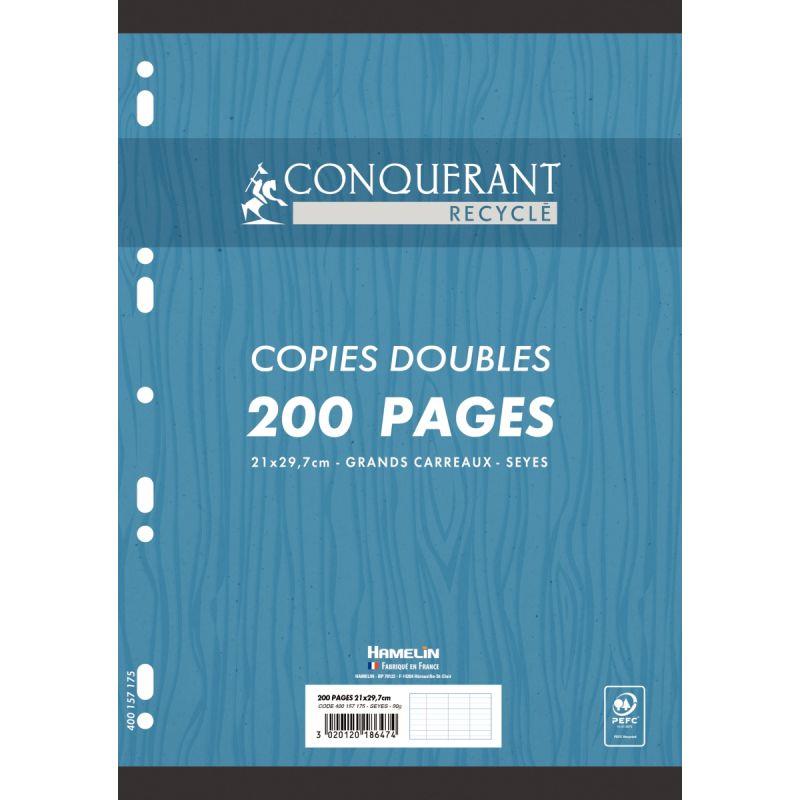 Image de  Paquet de 50 copies doubles perforées CONQUERANT RECYCLE, format A4, seyès, papier 90g, blanc 