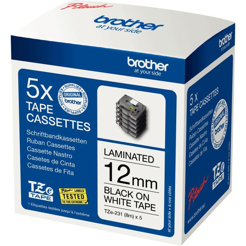 Image de  Pack de 5 recharges Brother TZe231 noir/blanc 12 mm 