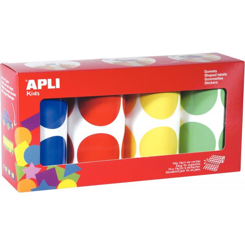 Image de  Lot de 4 rouleaux de maxi gommettes adhésives rondes diamètre 45mm, couleurs vives assorties 