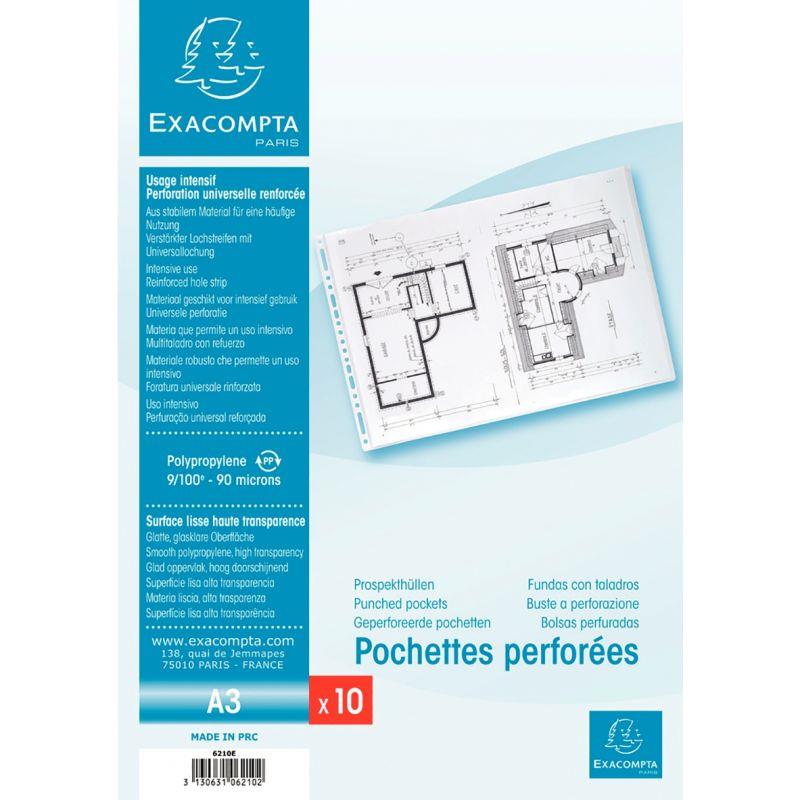 Image de  Sachet de 10 pochettes perforées en polypropylène lisse 9/100ème, format A3 