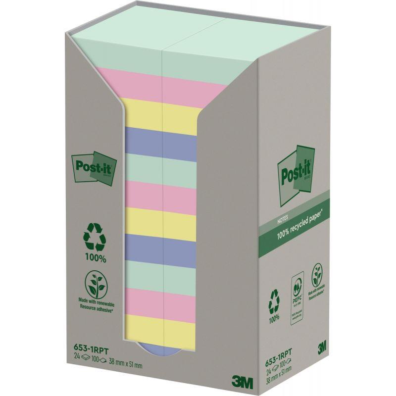 Image de  Tour de 24 blocs de 100 feuilles post-it recyclées et repositionnables 38 x 51 mm collection nature 