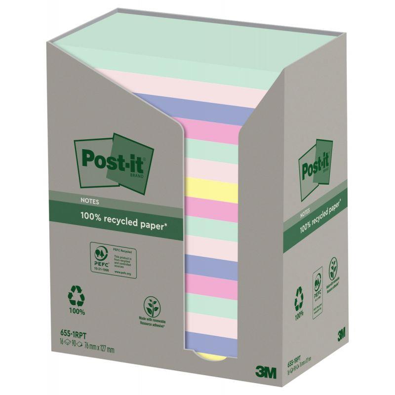 Image de  Tour distributrice de 16 blocs de 100 feuilles post-it recyclées 76 x 127 mm collection nature 
