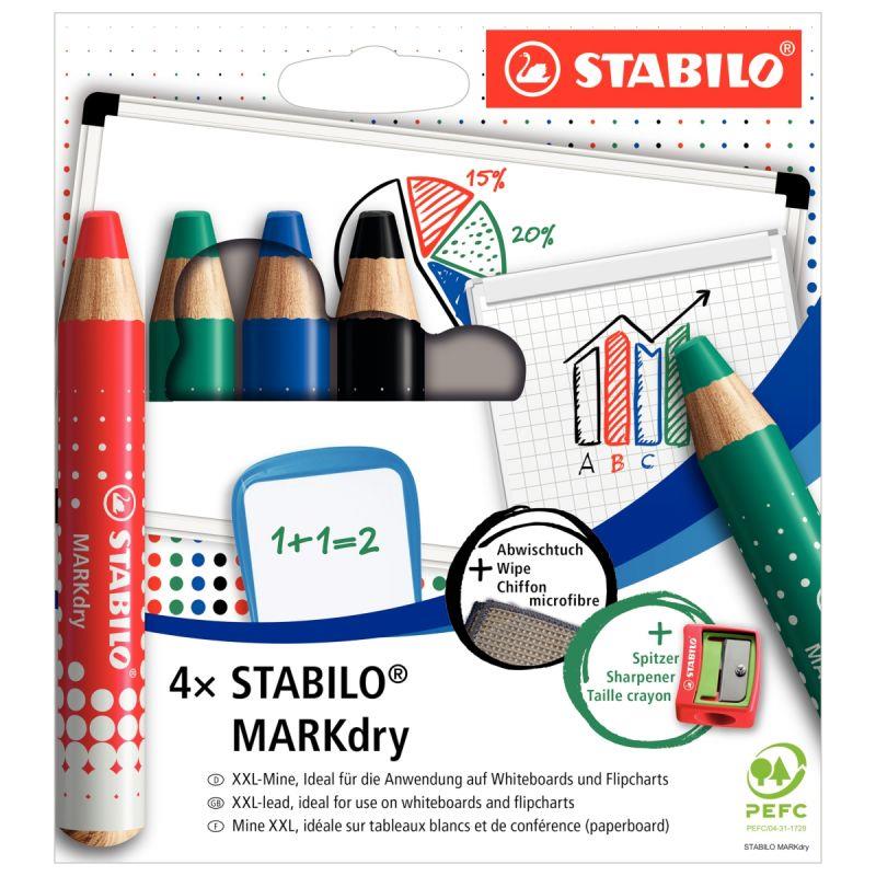 Image de  Étui de 4 crayons Markdry assortis + 1 chiffonnette + 1 taille-crayon 