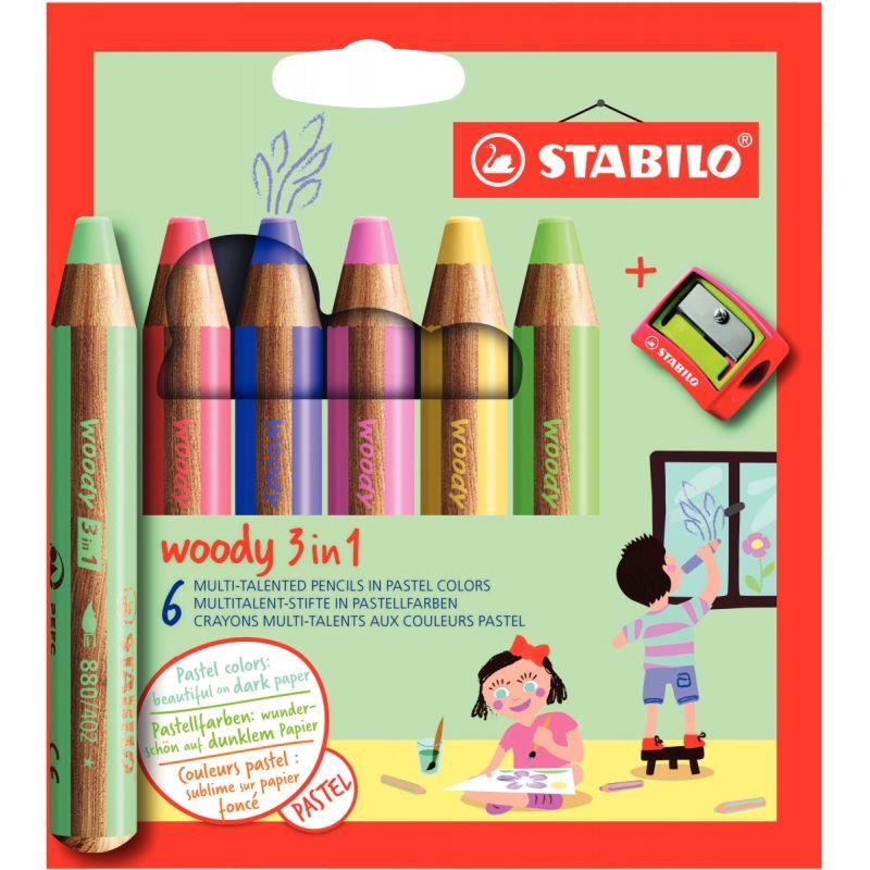 Image de  Étui de 6 crayons Woody pastels + 1 taille - crayon 