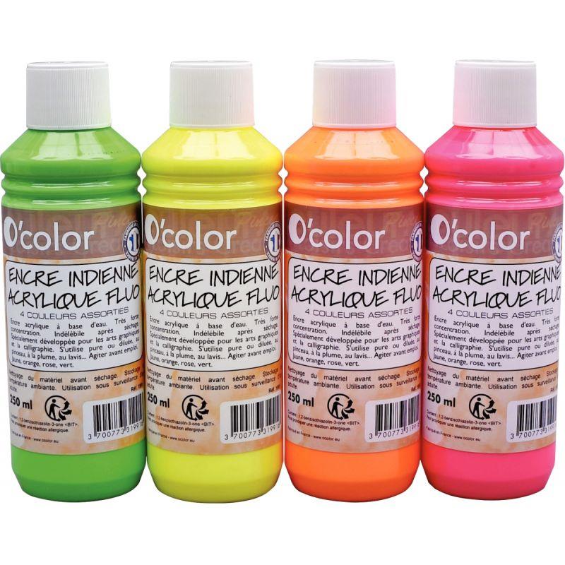 Image de  Lot de 4 Flacons 250 ml d''encres indiennes coloris fluo 