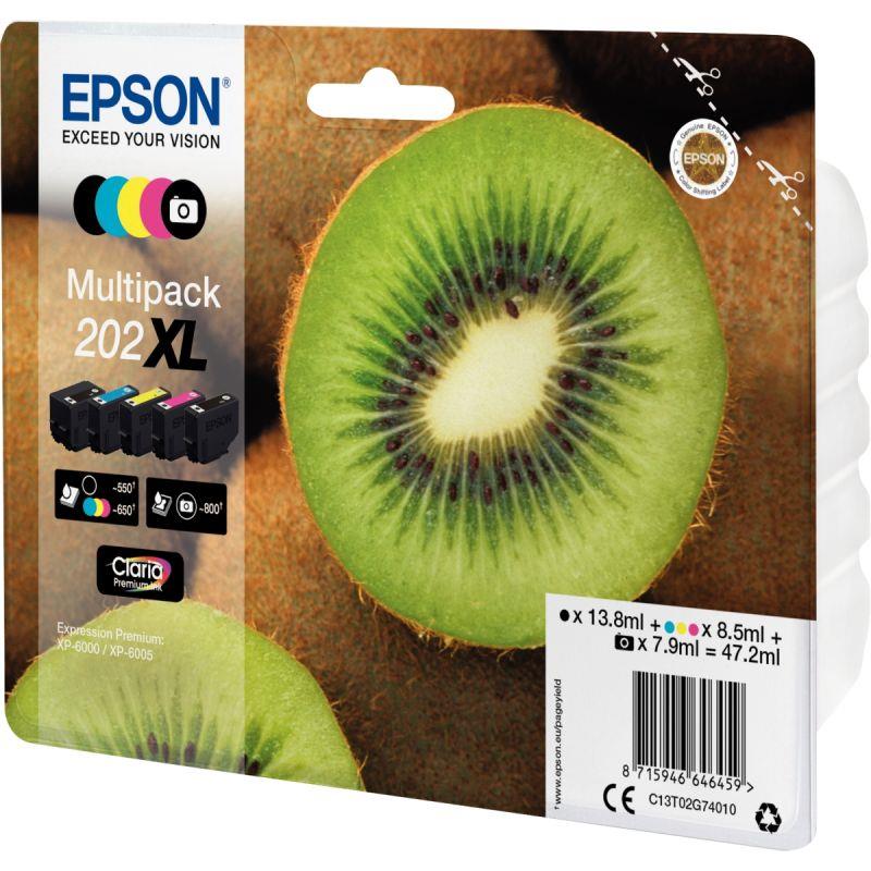Image de  Epson KIWI / 202XL lot 5 cartouches encre NCMJ + noir photo haute capacité authentique T02G740 