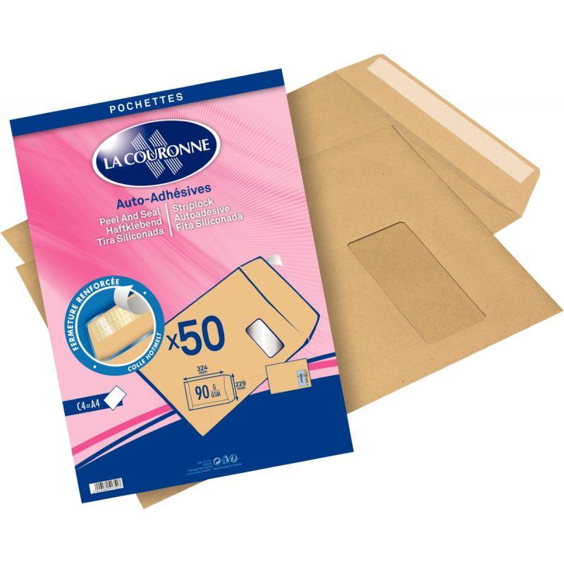 Image de  Paquet de 50 pochettes kraft 229x324mm 90g bande siliconée fenêtre 50x100mm 