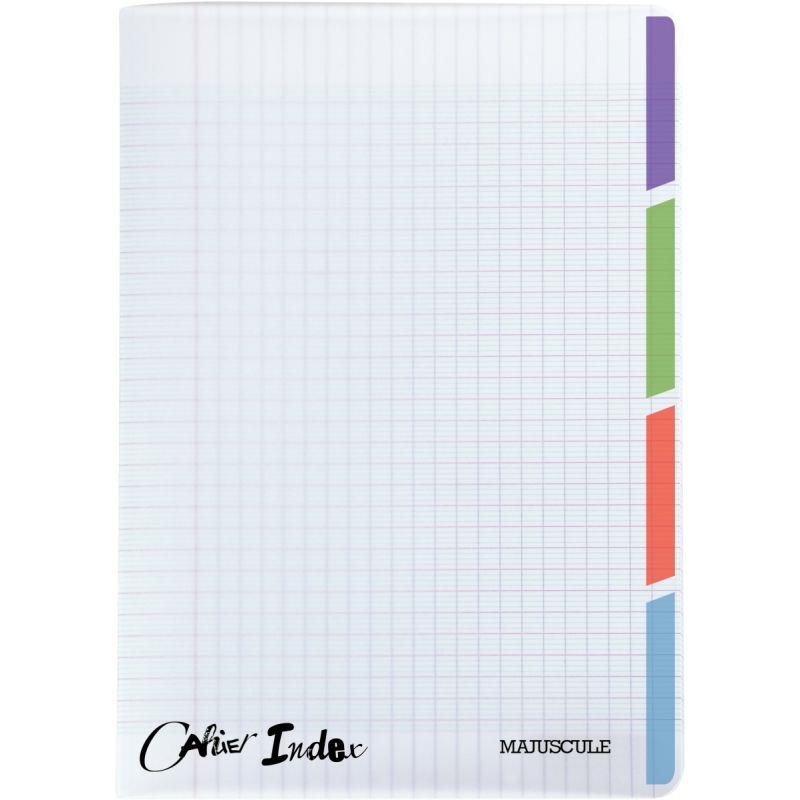 Image de  Piqûre 96 pages 4 index MAJUSCULE, format A4, seyès, couverture polypropylène incolore 