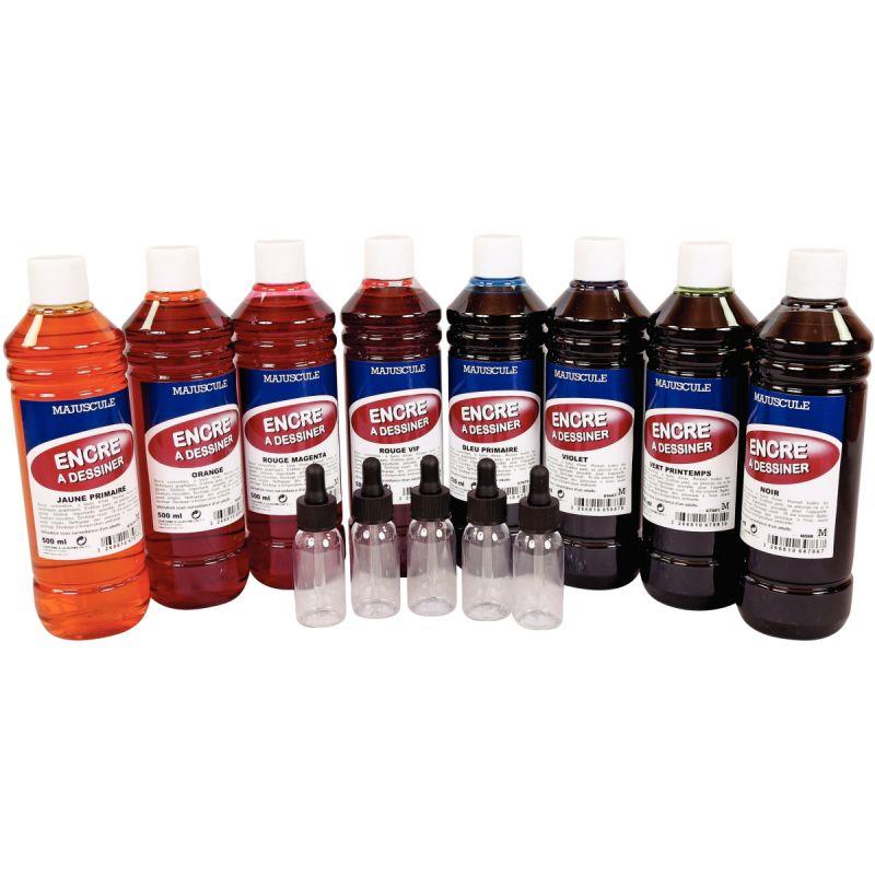 Image de  Lot de 8 Flacons 500ml d''encre à dessiner MAJUSCULE + 5 Flacons compte-gouttes offerts 