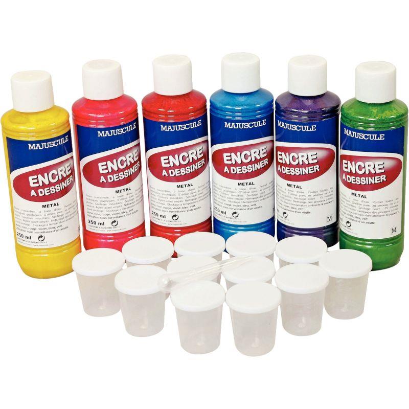 Image de  Lot de 6 Flacons 250ml d''encre à dessiner métallique MAJUSCULE + 12 pots gradués 30ml offerts 