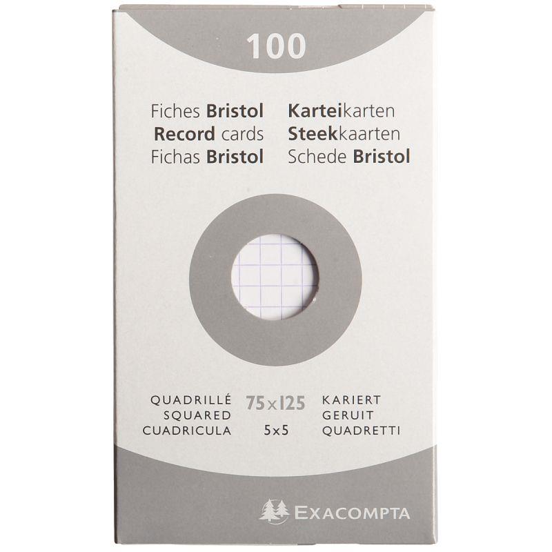 Image de  Etui de 100 fiches bristol non perforées carte forte 205 g blanc quadrillé 5x5 format 7,5x12,5 cm 