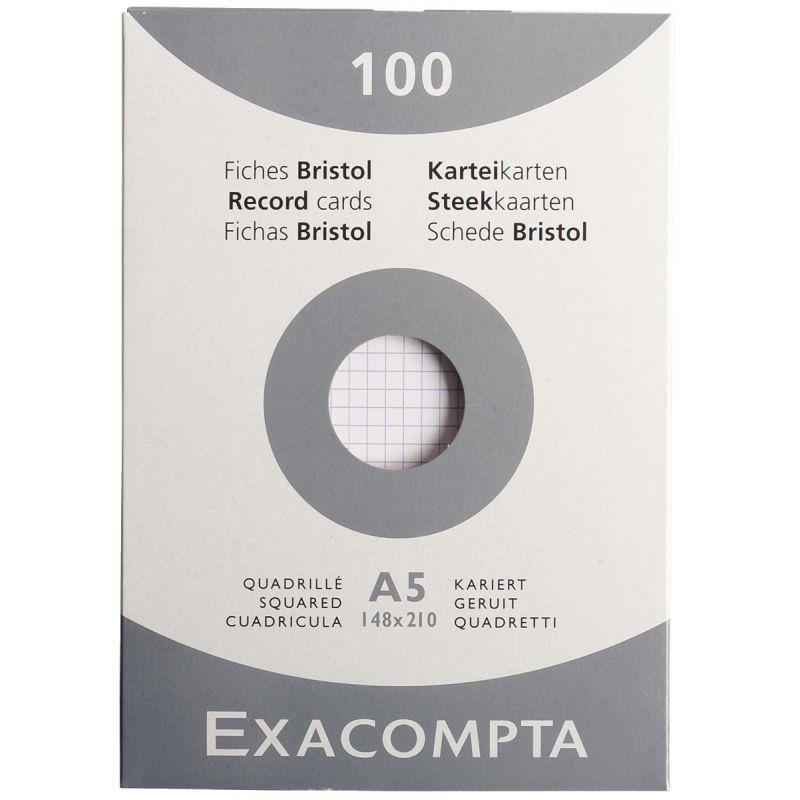 Image de  Etui de 100 fiches bristol non perforées carte forte 205 g blanc quadrillé 5x5 format 14,8x21 cm 