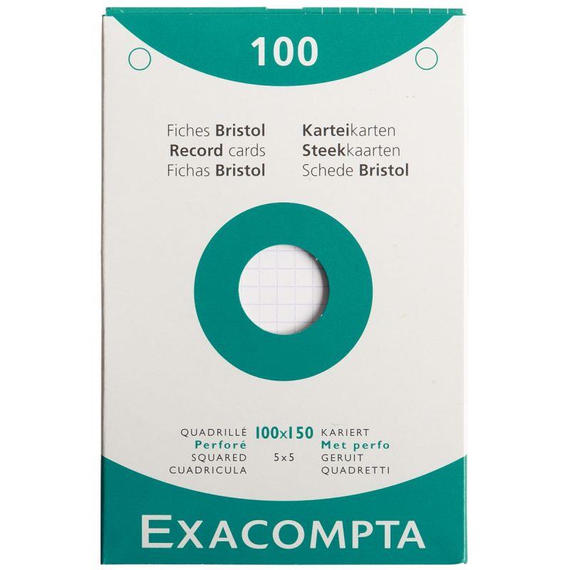 Image de  Etui de 100 fiches bristol perforées carte forte 205g blanc quadrillé 5x5 format 10 x 15 cm 
