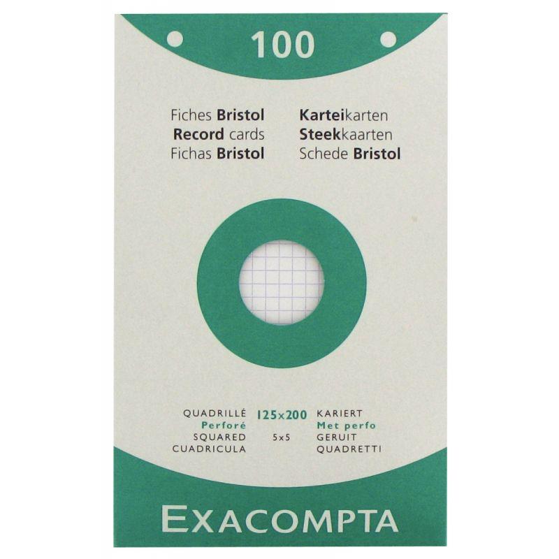 Image de  Boîte de 100 fiches bristol perforées carte forte 205 g blanc quadrillé 5x5 format 12,5 x 20 cm 