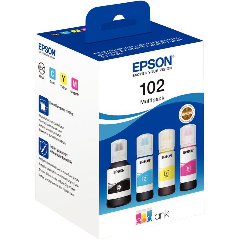 Image de  Epson 102 pack de de 4 flacons jet d''encre noire, cyan, magenta et jaune authentique (T03R640) 