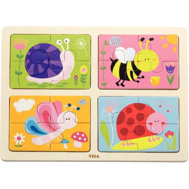 Image de  Planche de 4 puzzles 4 pièces en bois, animaux du jardin 