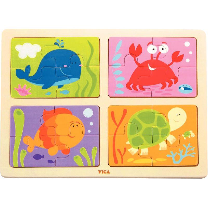 Image de  Planche de 4 puzzles 4 pièces en bois, animaux marins 