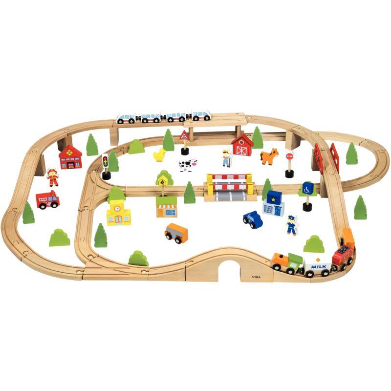Image de  Grand circuit de train en bois 90 pièces 
