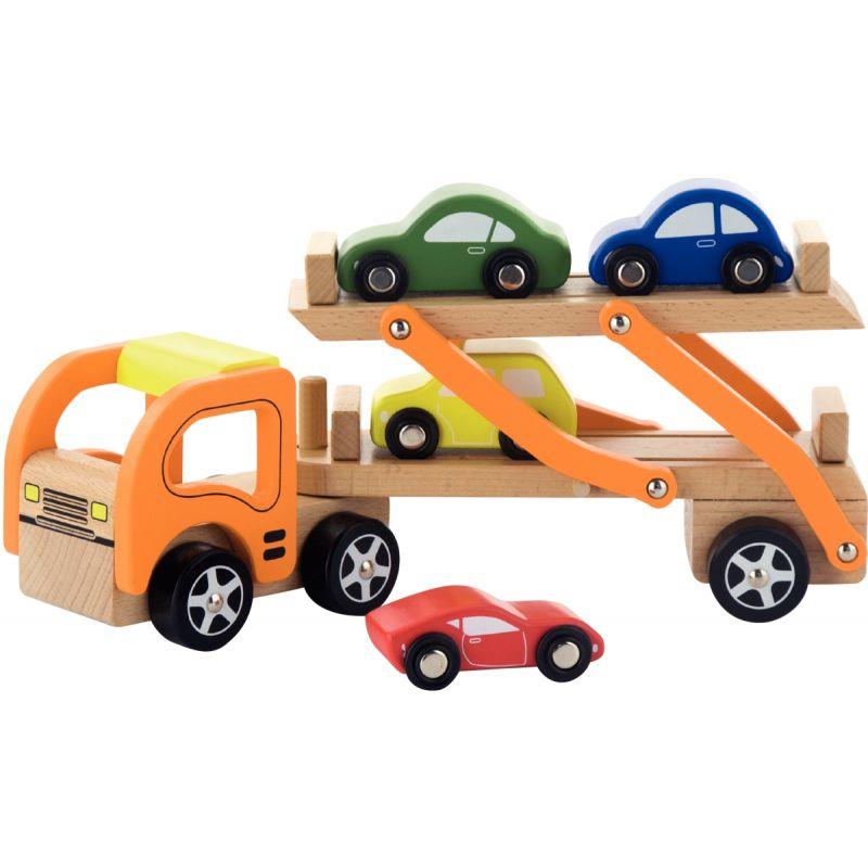 Image de  Camion porte-voitures avec 4 véhicules en bois 