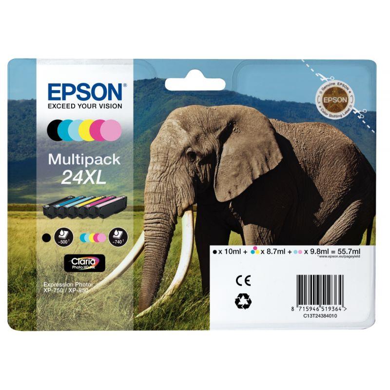 Image de  Epson ELEPHANT/24XL lot 6 cart encre NCMJ, cyan clair, magenta clair hte capa authentique T243840 