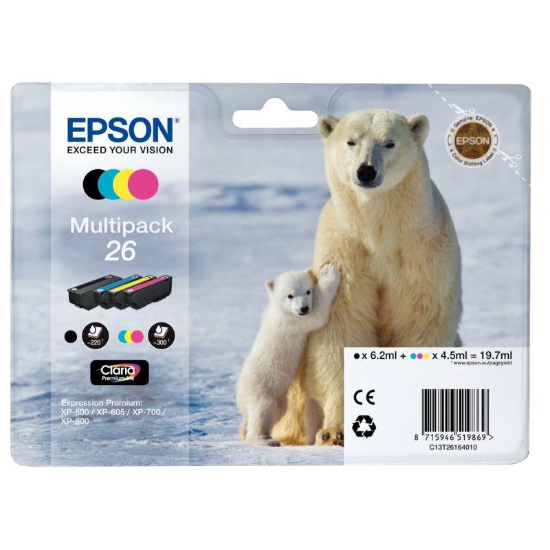 Image de  Epson OURS POLAIRE / 26 lot 4 cartouches jet d''encre noire, cyan, magenta, jaune authentique T26164 