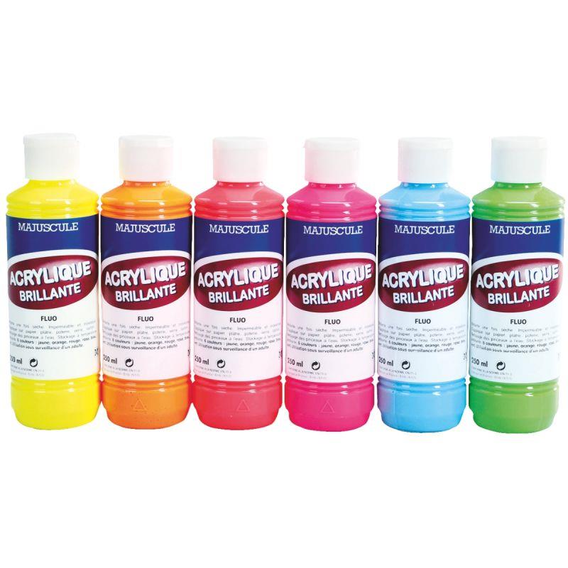 Image de  Boîte de 6 flacons de 250 ml de peinture acrylique brillante, couleurs fluo assorties 