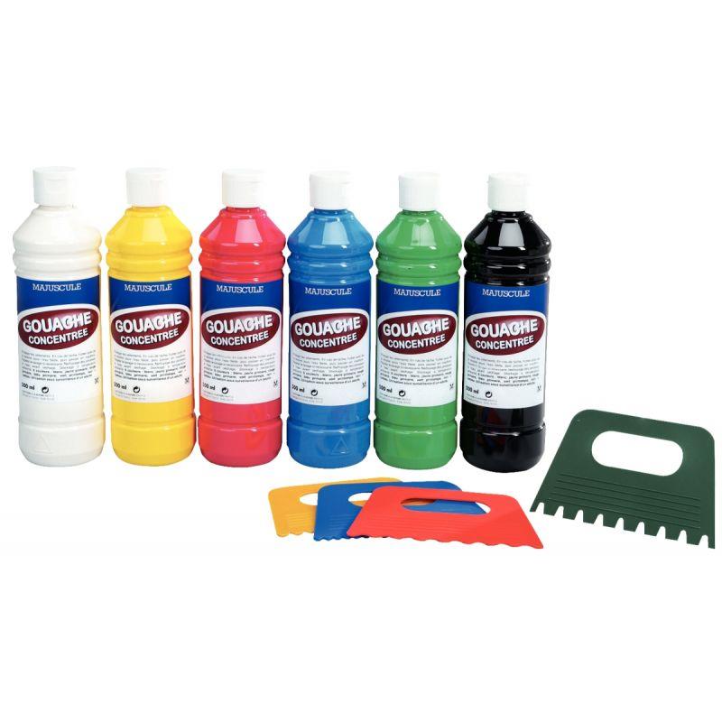 Image de  Carton de 6 Flacons de 500ml de gouache concentrée MAJUSCULE + 4 peignes à effet 