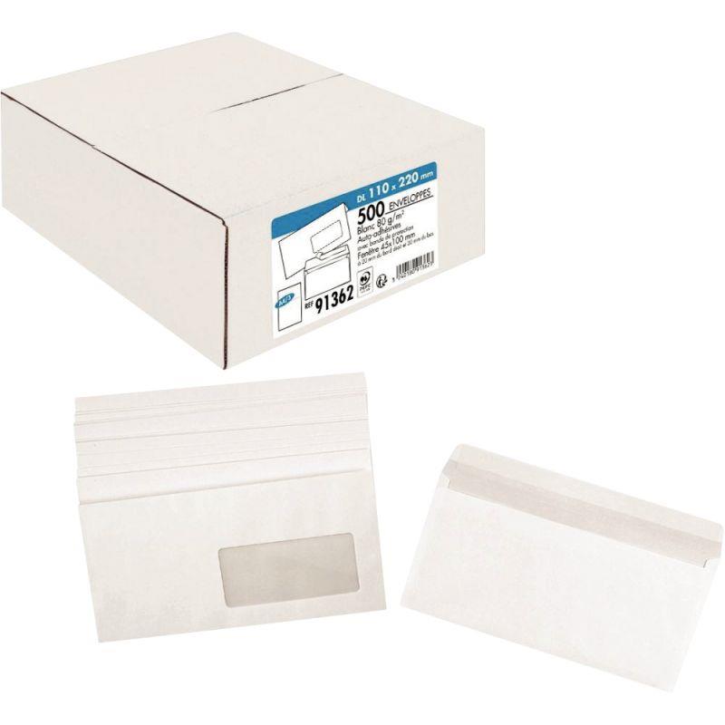 Image de  Boite de 500 enveloppes blanches 110x220mm 80g bande siliconée fenêtre 45x100mm 