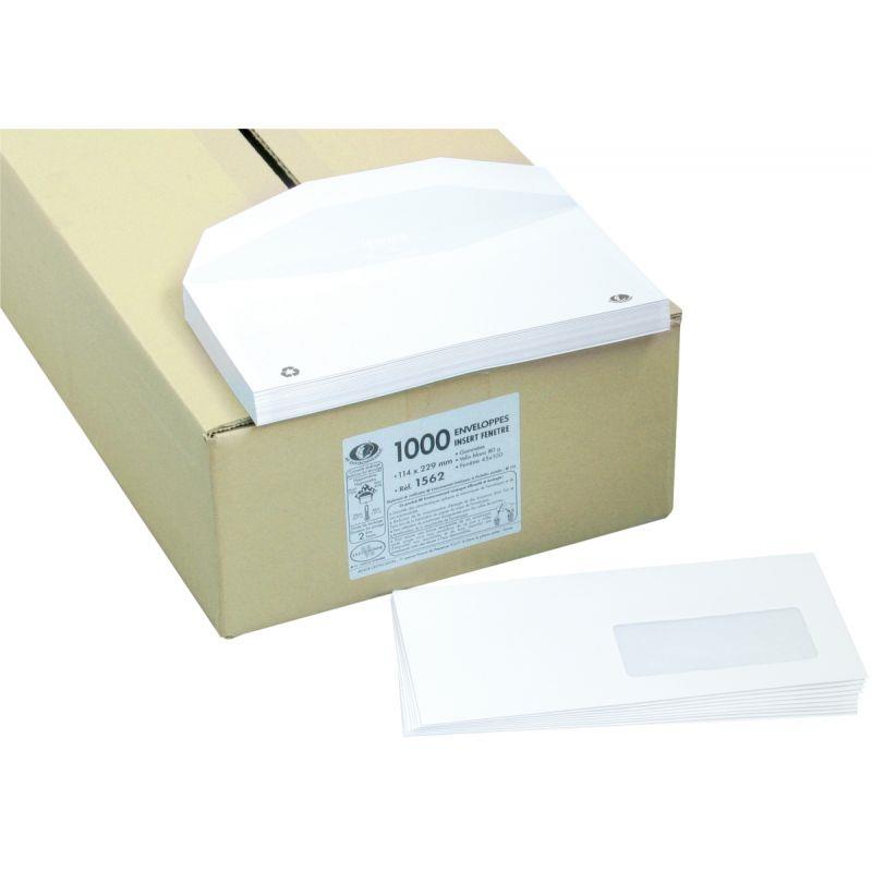 Image de  Boite de 1000 enveloppes blanches 114x229mm 80g mécanisables fenêtre 45x100mm 