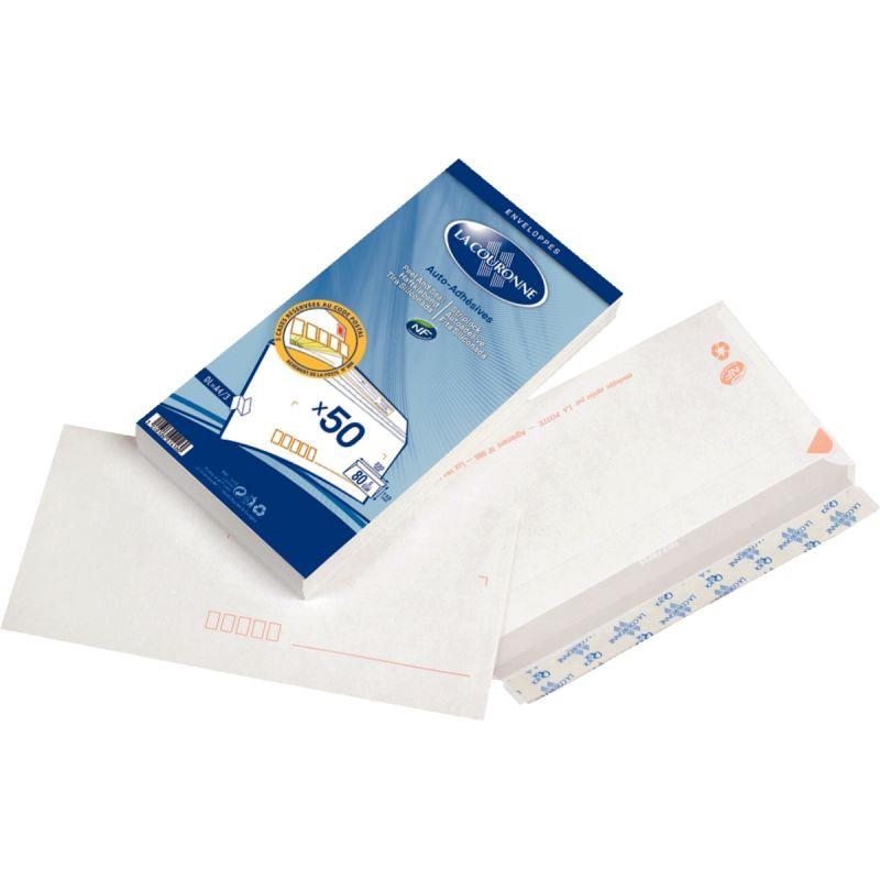 Image de  Paquet de 50 enveloppes blanches 110x220mm 80g bande siliconée précasées 