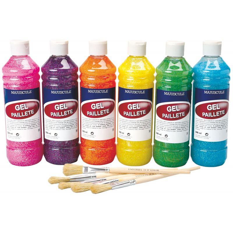 Image de  Carton de 6 Flacons de 500ml de gel pailleté coloris arc en ciel 