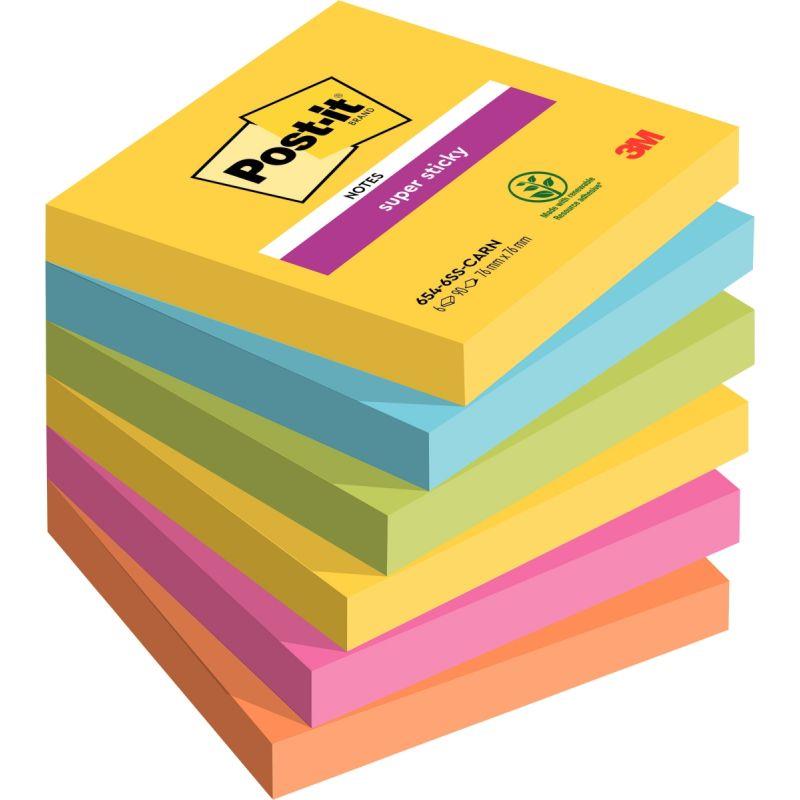 Image de  Paquet de 6 blocs de 90 feuilles Super Sticky post-it, 76 x  76 mm, couleurs CARNIVAL 