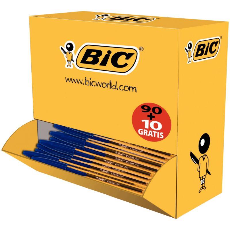 Image de  Boîte de 100 stylos Cristal pointe fine bleus dont 10 gratuits 