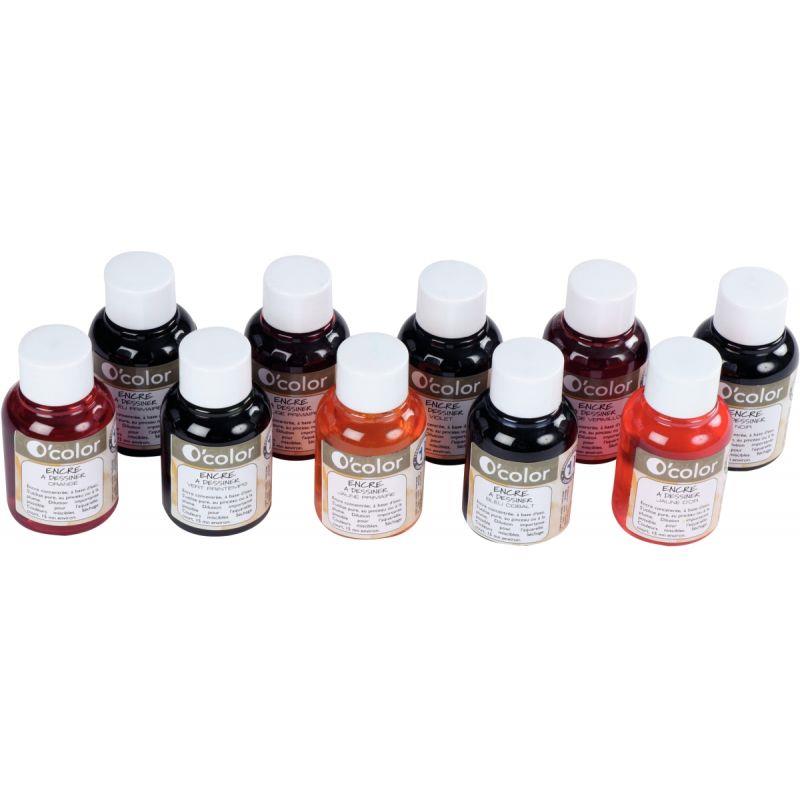Image de  Coffret de 10 Flacons de 60 ml d''encre à dessiner coloris assortis 