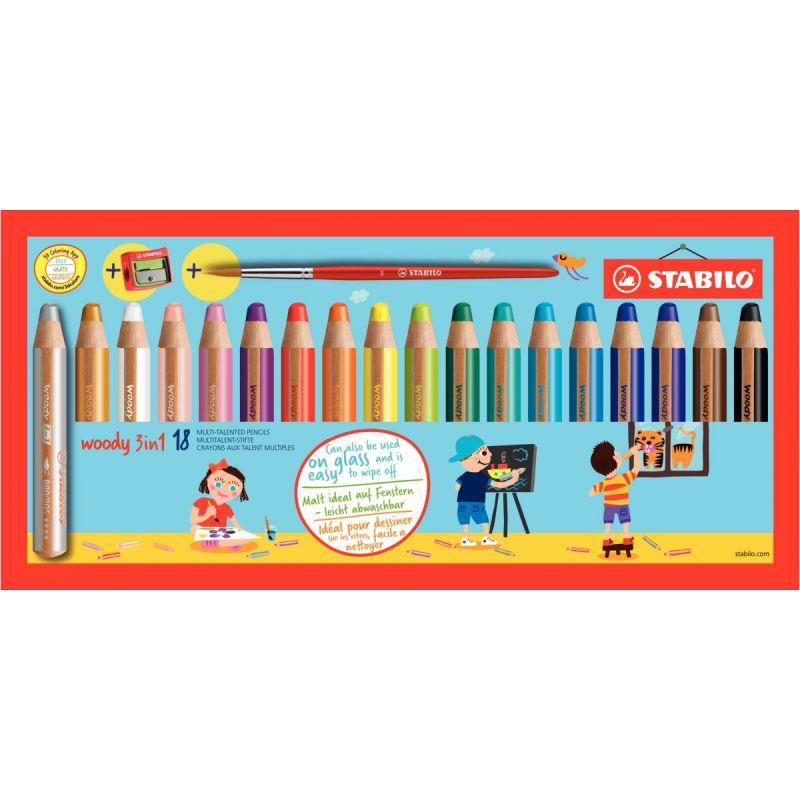 Image de  Étui de 18 crayons de couleur Woody + 1 taille-crayon + pinceau 