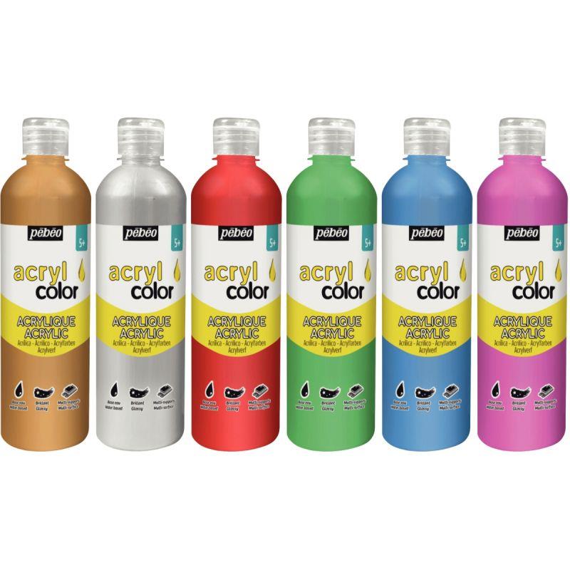 Image de  Carton de 6 flacons 500 ml de peinture ACRYLCOLOR couleurs métalliques et nacrées assorties 