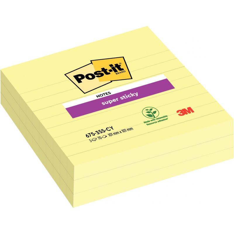 Image de  Paquet de 3 blocs notes Super Sticky lignées 70 feuilles, format : 101 x 101 mm coloris jaune 