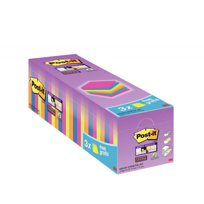 Image de  Boîte de 24 blocs de 90 feuilles Post-it Super Sticky néon format 76 x 76 mm dont 3 gratuits 