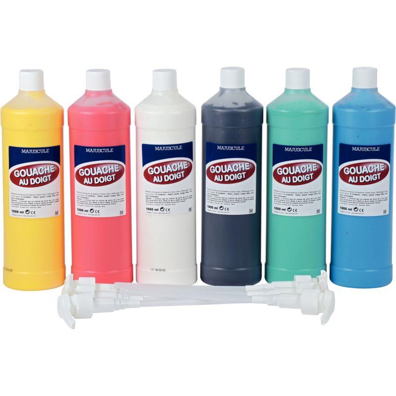 Image de  Lot de 6 Flacons 1L de gouache aux doigts + 6 pompes 