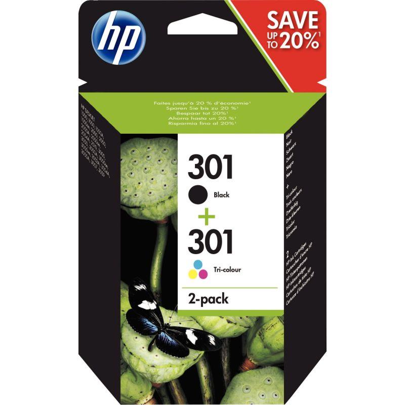 Image de  HP 301 pack de 2 cartouches d''encre noire et trois couleurs authentiques (N9J72AE) 