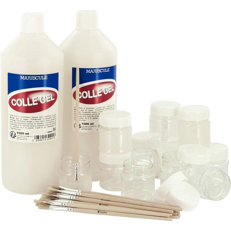 Image de  Lot de 2 flacons de colle 1L + 12 pots + 20 pinceaux 