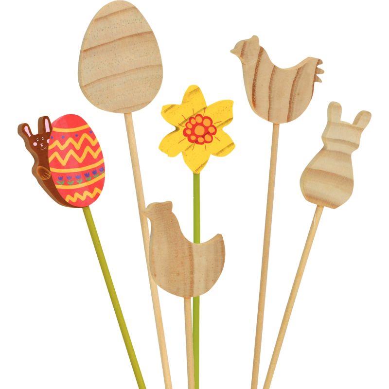 Image de  Lot de 12 piques assortis en bois pour Pâques 