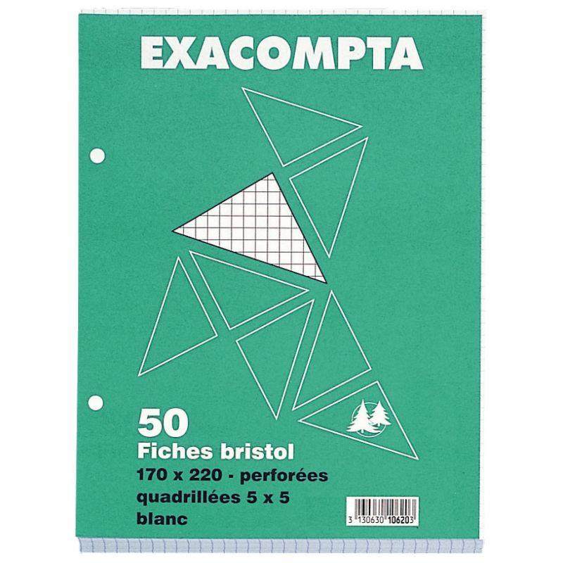 Image de  Paquet de 50 fiches bristol perforées carte forte 205 g blanc quadrillé 5x5 format 17 x 22 cm 