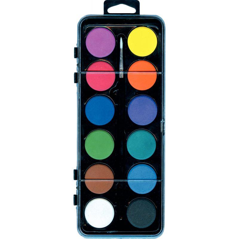 Image de  Boîte de 12 pastilles de gouache 30 mm couleurs assorties + 1 pinceau 